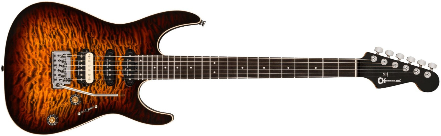 Charvel Dk24 Pro Mod Dinky Qm Plus Trem Hss Eb - Amber Tiger Eye - Guitare Électrique Forme Str - Main picture