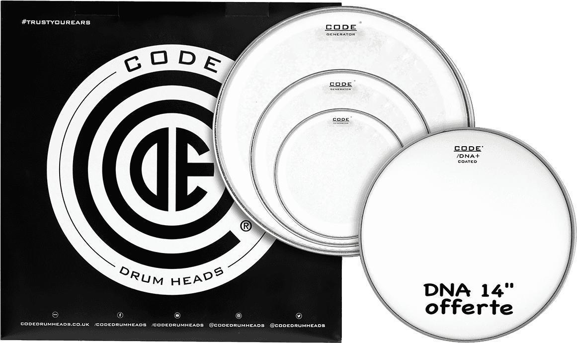 Pack peaux Code drumheads Pack Tansparent Rock + 1 DNA 14 Offerte