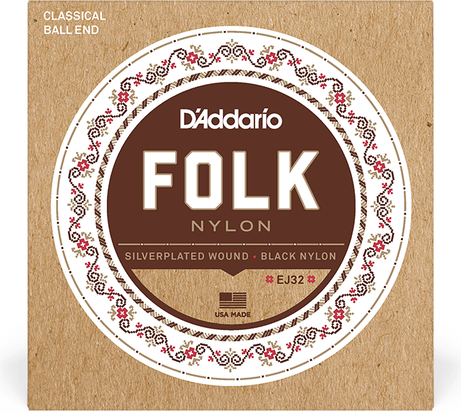 D'addario Jeu De 6 Cordes Ej32 Folk Nylon (6) Silver Plated Wrap, Nylon Core, Black Nylon Trebles Ball End - Cordes Guitare Classique Nylon - Main pic