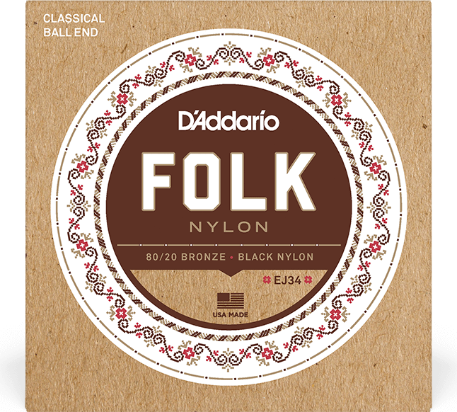 D'addario Ej34 Folk (6) 80/20 Bronze Wrap, Nylon Core, Black Nylon Trebles Ball End - Cordes Guitare Classique Nylon - Main picture