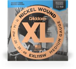 Cordes guitare électrique D'addario EXL115W Nickel Wound, Medium/Blues-Jazz Rock, Wound 3rd, 11-49 - Jeu de 6 cordes