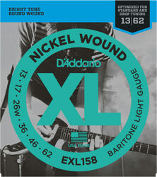 Cordes guitare électrique D'addario EXL158 Nickel Round Wound, Baritone Light, 13-62 - Jeu de 6 cordes