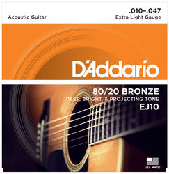 Cordes guitare acoustique D'addario EJ10 Bronze 80/20 10-47 - Jeu de 6 cordes