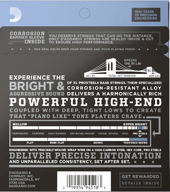 D'addario Eps160 Prosteels Round Wound Electric Bass Long Scale 4c 50-105 - Cordes Basse Électrique - Variation 1