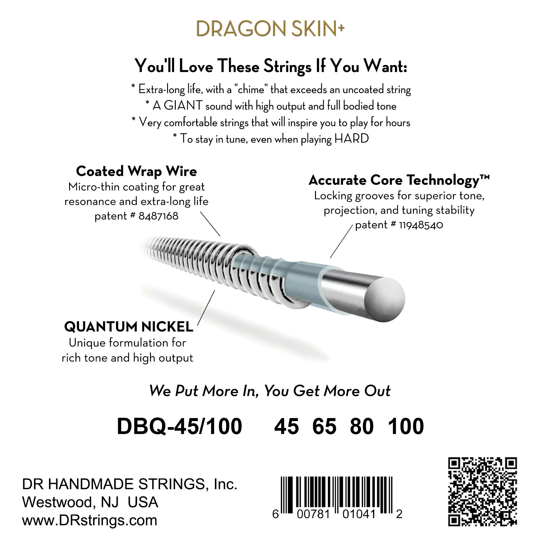Dr Jeu De 4 Cordes Dragon Skin+ Core Technology Coated Wrap 45-100 - Cordes Basse Électrique - Variation 1