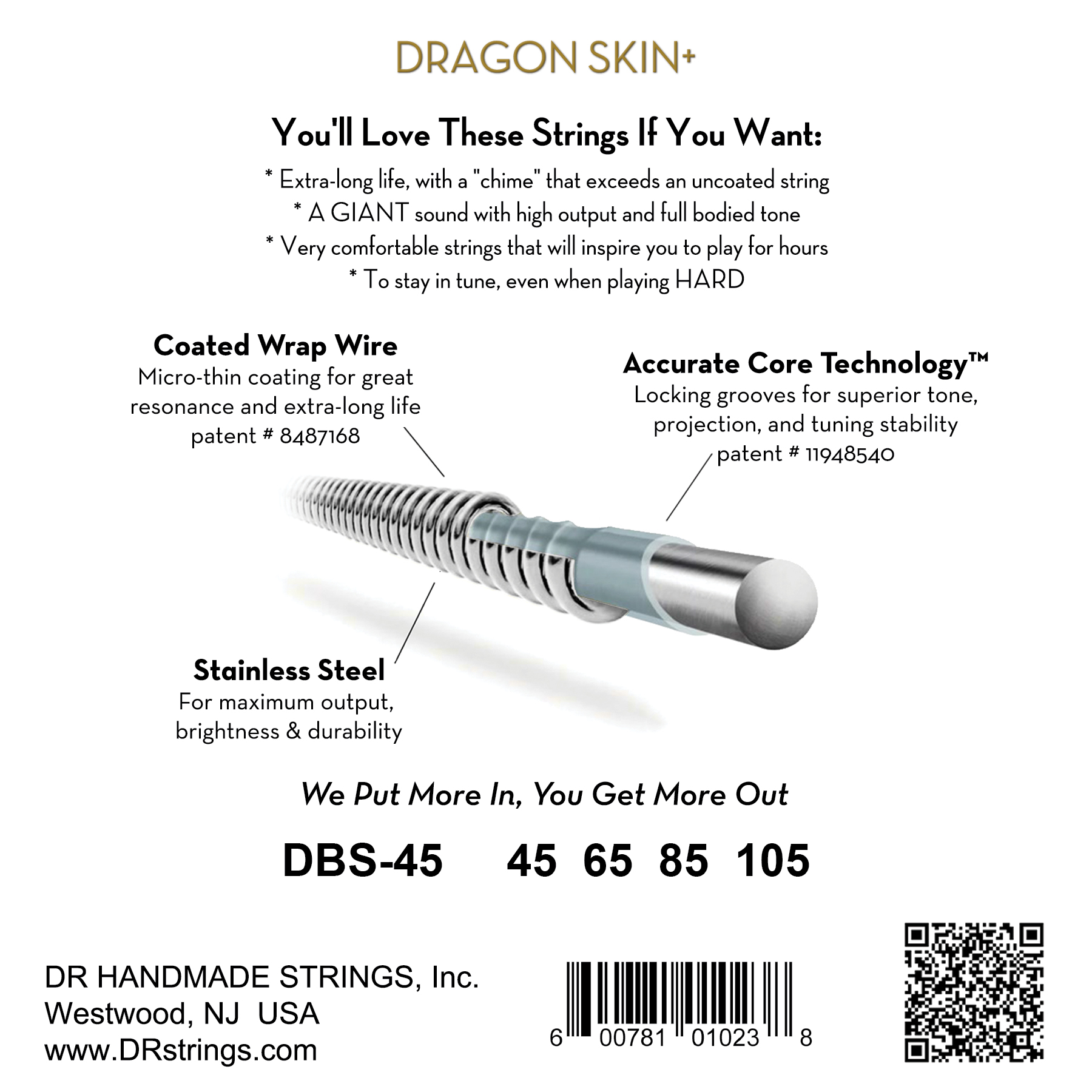 Dr Jeu De 4 Cordes Dragon Skin+ Core Technology Coated Wrap 45-105 - Cordes Basse Électrique - Variation 1