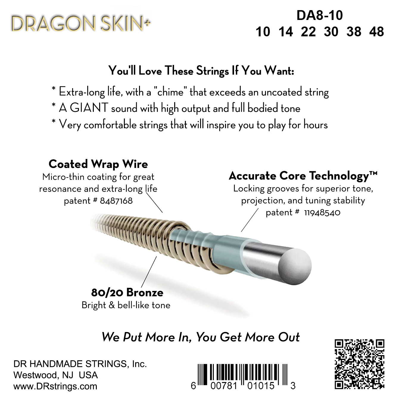 Dr Jeu De 6 Cordes Dragon Skin+ Core Technology Coated Wrap 80/20 10-48 - Cordes Guitare Acoustique - Variation 1