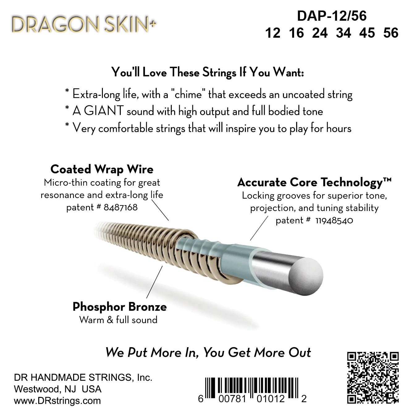 Dr Jeu De 6 Cordes Dragon Skin+ Core Technology Coated Wrap Posphore Bronze 12-56 - Cordes Guitare Acoustique - Variation 1