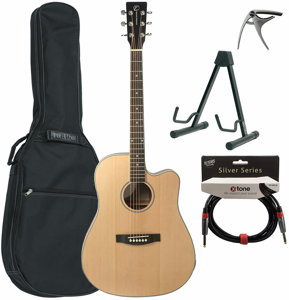 Eastone Dr100ce-nat +housse X-tone 2003 +capo +stand +jack - Natural Satin - Pack Guitare Acoustique - Main picture