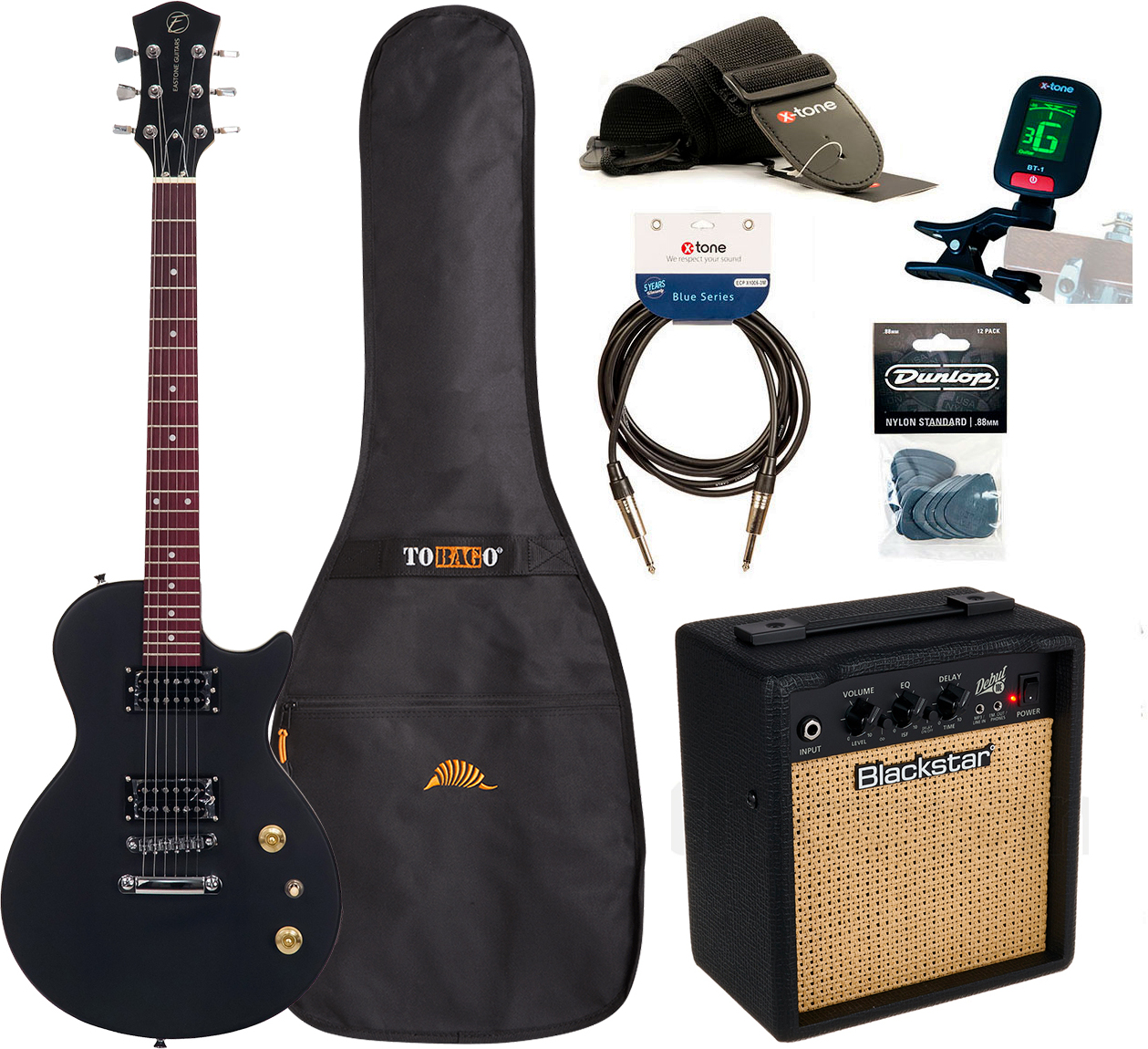 Eastone Lpl70 +blackstar Debut10 +cable +clip-on Tuner +mediators +housse +courroie - Black Satin - Pack Guitare Électrique - Main picture