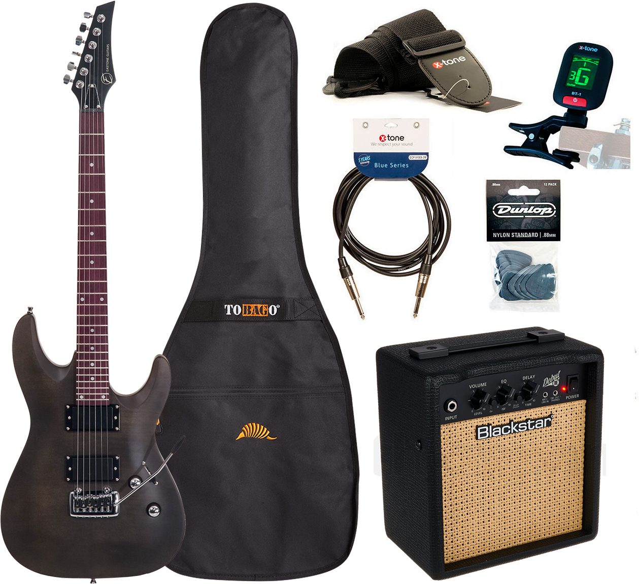 Eastone Metdc +blackstar Debut 10 +cable +clip-on Tuner +mediators +housse +courroie - Black Satin - Pack Guitare Électrique - Main picture