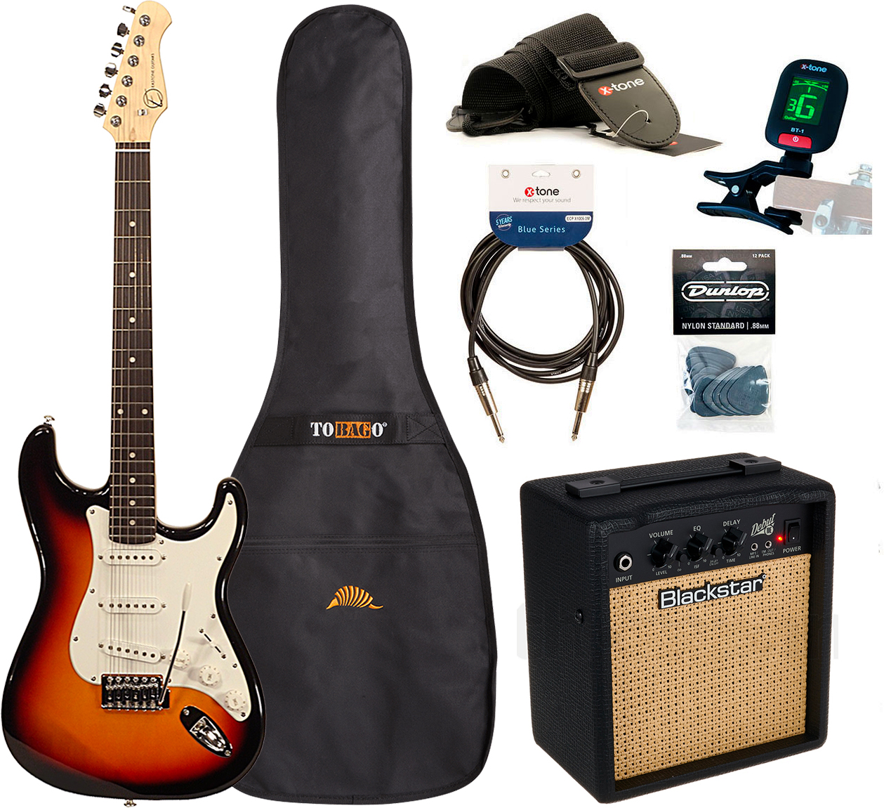 Eastone Str70 +blackstar Debut 10 +cable +clip-on Tuner +mediators +housse +courroie - 3 Tone Sunburst - Pack Guitare Électrique - Main picture