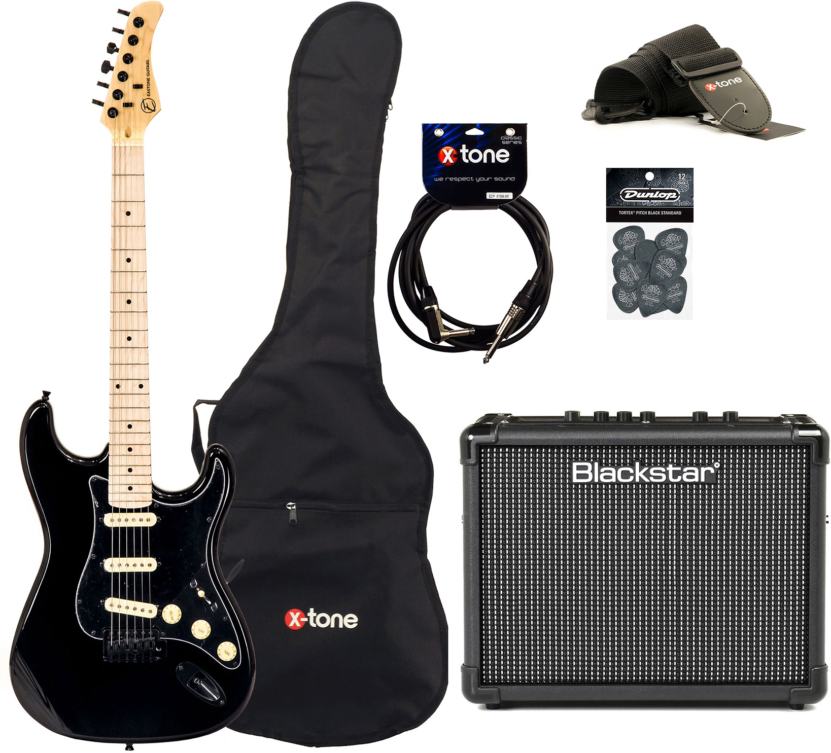 Eastone Str70 Gil +blackstar Id Core Stereo 10w V3 +cable +housse +courroie +mediators - Black - Pack Guitare Électrique - Main picture
