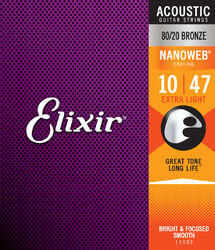 Cordes guitare acoustique Elixir Acoustic (6) Nanoweb 80/20 Bronze 10-47 - Jeu de 6 cordes