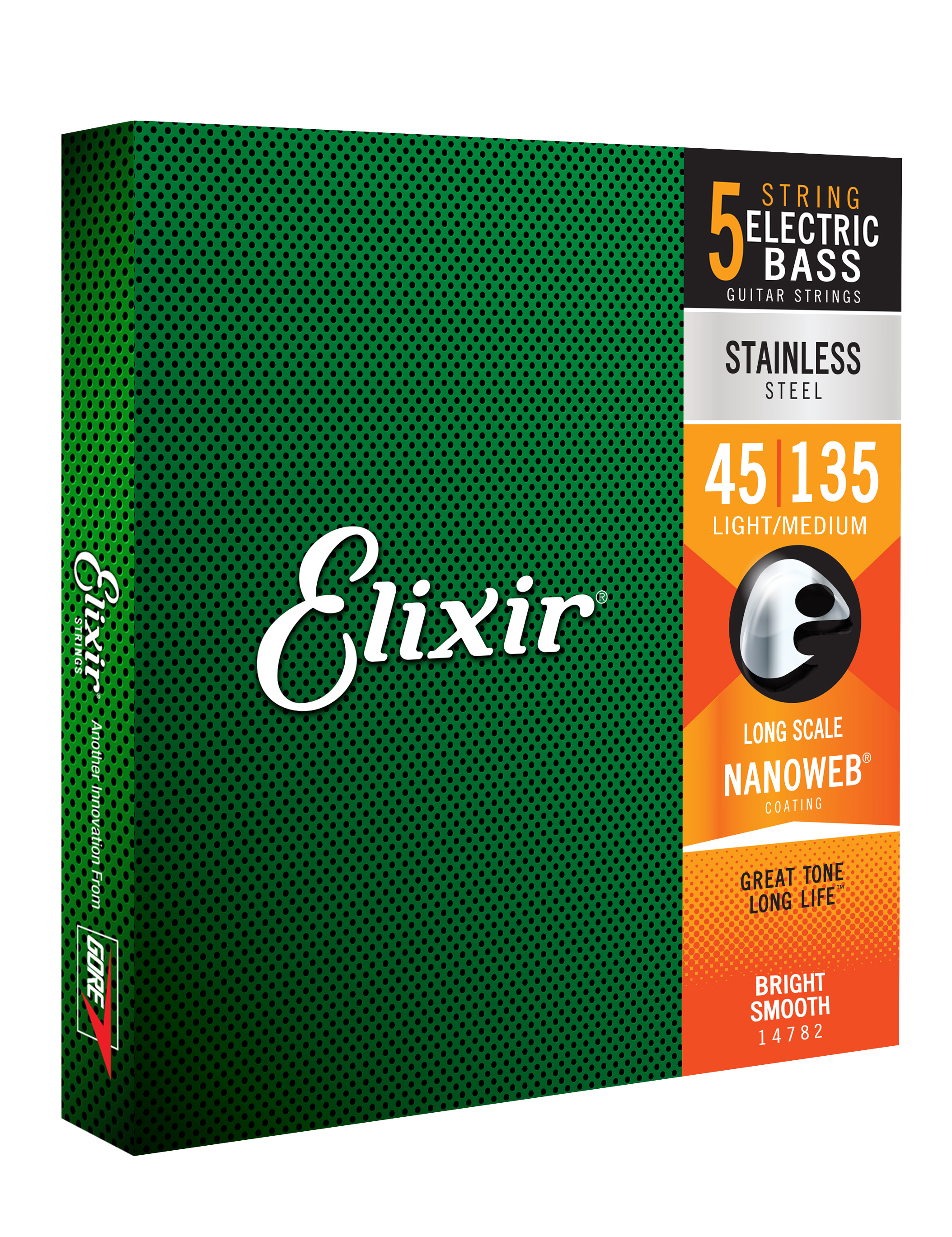 14782 5-String Nanoweb Stainless Steel Long Scale Electric Bass Strings  45-135 - jeu de 5 cordes Cordes basse électrique Elixir