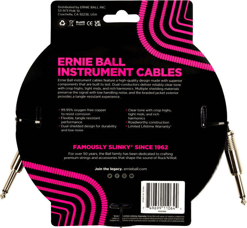 Ernie Ball Braided Instrument Cable Droit Droit 18ft 5.49m Purple Black - CÂble - Variation 1