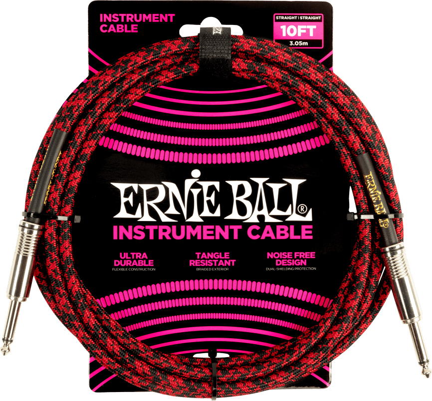 Ernie Ball Braided Instrument Cable Droit Droit 10ft 3.05m Red Black - CÂble - Main picture