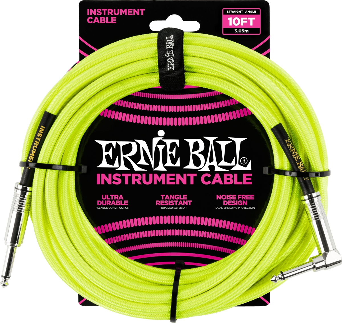 Ernie Ball Cables Instrument Gaine Tissée Jack/jack Coudé 3m Jaune Fluo - CÂble - Main picture