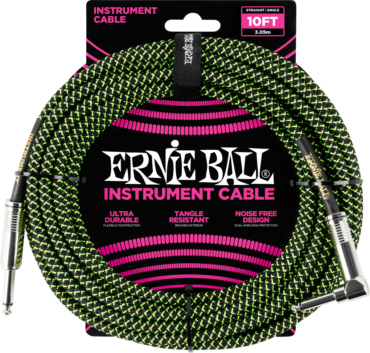 Ernie Ball Cables Instrument Gaine TissÉe Jack/jack CoudÉ 3m Noir/vert - CÂble - Main picture