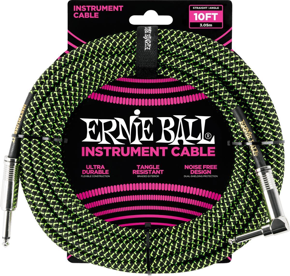 Câble Ernie ball Cables Instrument Gaine Tissée Jack/Jack Coudé 3m Noir/Vert