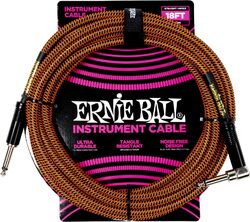 Câble Ernie ball Cable instrument gaine tissée jack/jack coudé 5,5m orange et noir