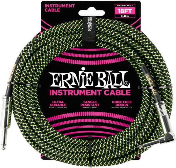 Accordeur Ernie ball P06082 Braided 18ft Straigth / Angle Instrument Cable - Black & Green