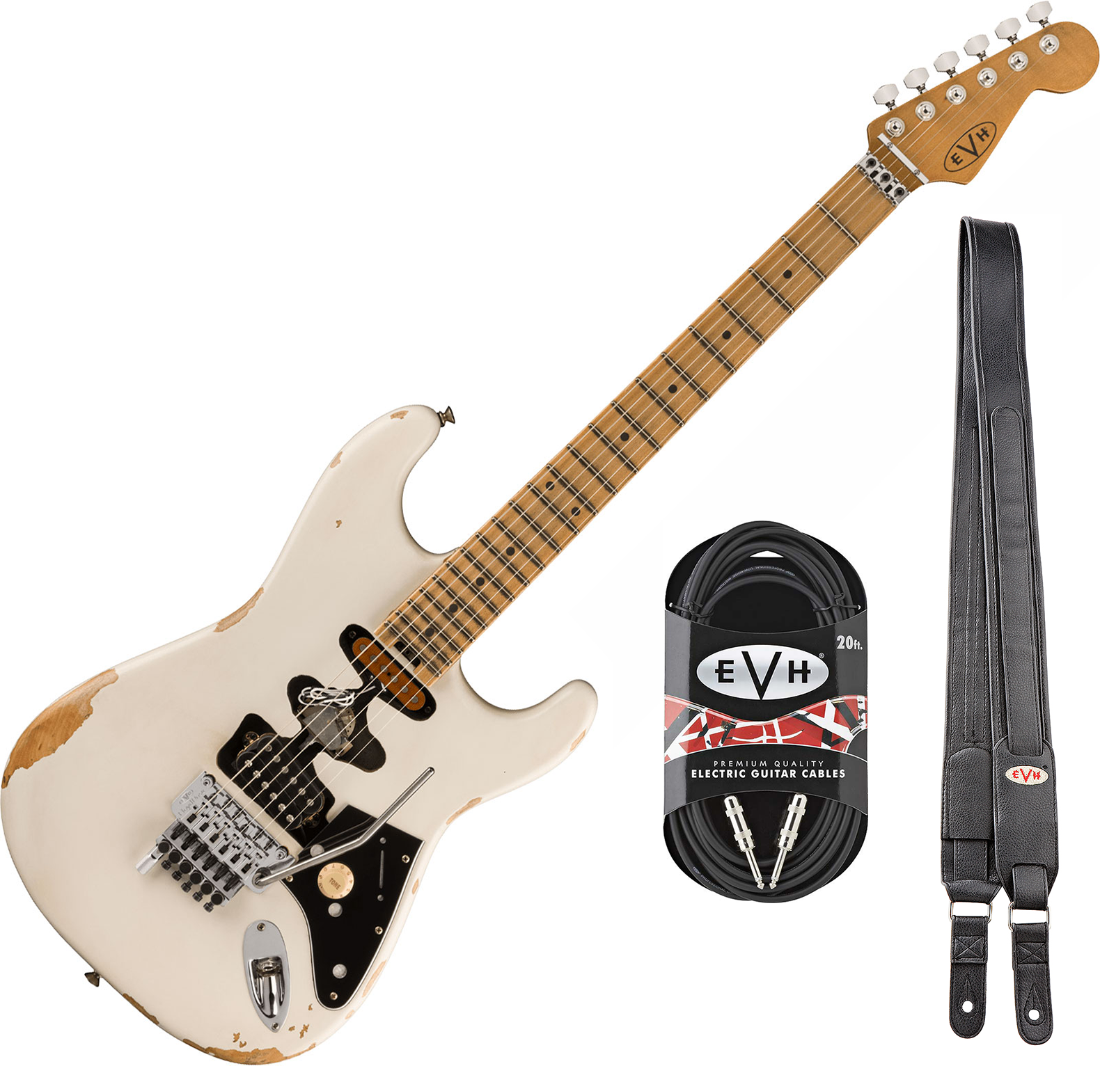 Evh Frankenstein Relic Mex 1h Fr Mn + Premium Cable 42.inc + Premium Strap - White - Guitare Électrique Forme Str - Main picture