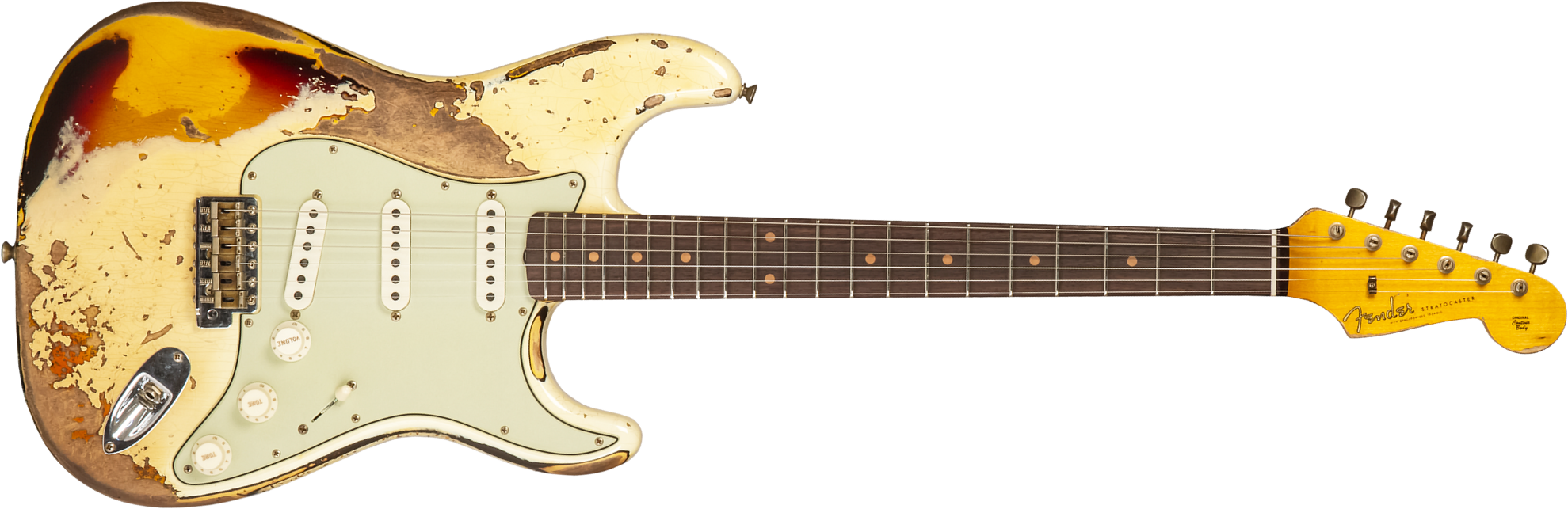Fender Custom Shop Strat 1959 3s Trem Rw #cz576436 - Super Heavy Relic Vintage White O. 3-color Sunburs - Guitare Électrique Forme Str - Main picture