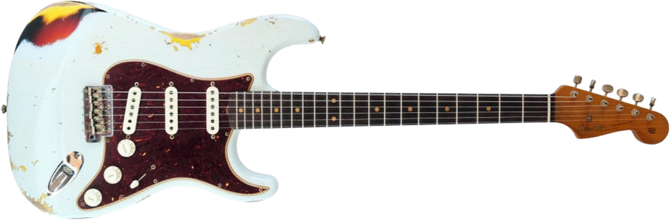 Fender Custom Shop Strat 1961 3s Trem Rw #cz580999 - Heavy Relic Sonic Blue O. 3-color Sunburst - Guitare Électrique Forme Str - Main picture