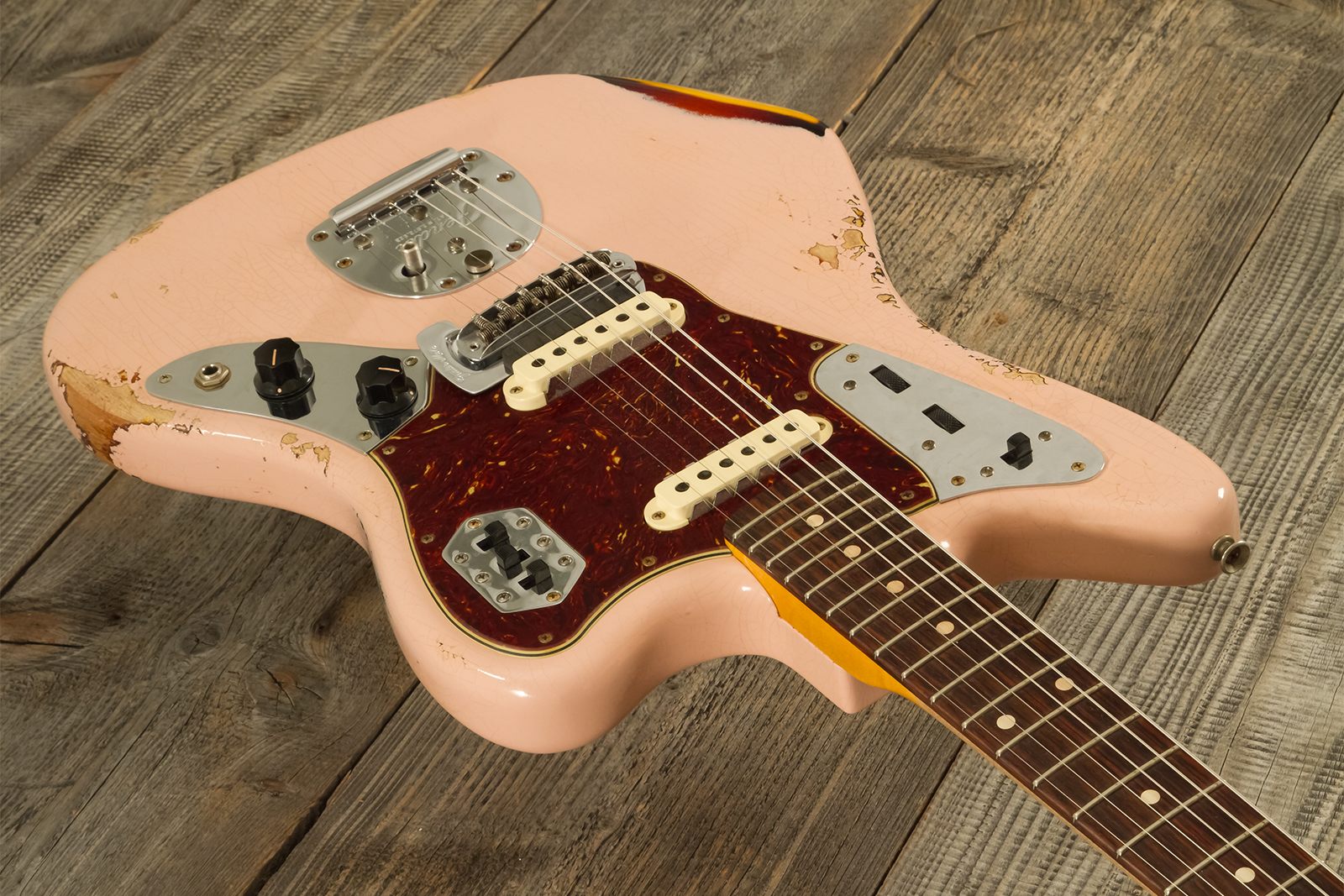 Fender Custom Shop Jaguar 1962 Shsc 2s Trem Rw #r141280 - Heavy Relic Shell Pink O. 3-color Sunburst - Guitare Électrique RÉtro Rock - Variation 2