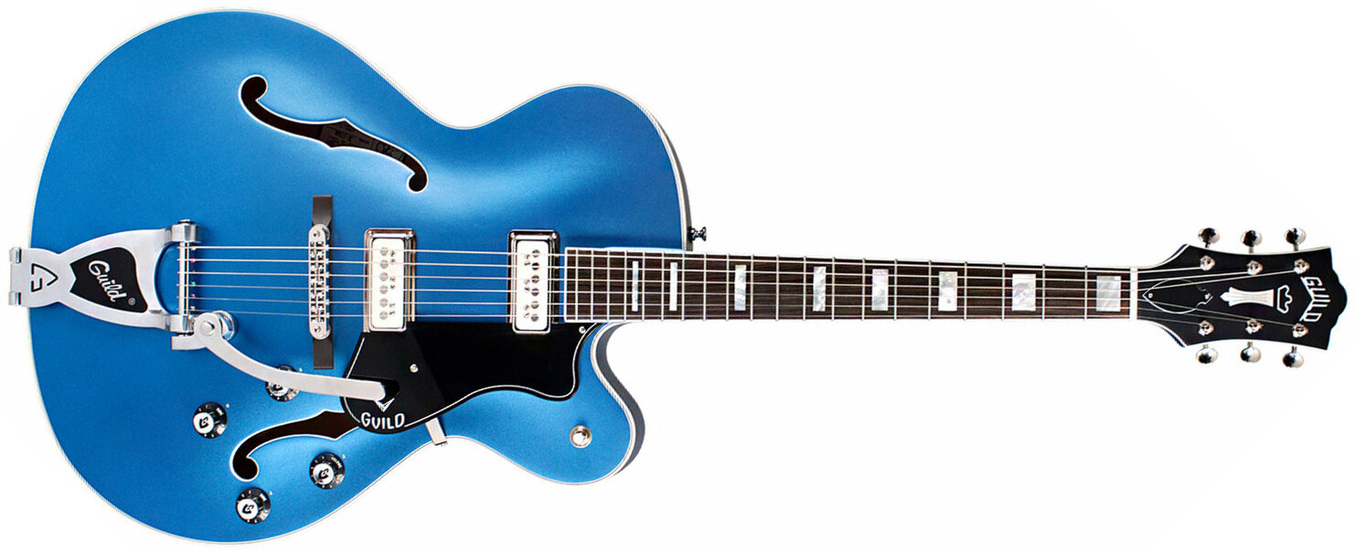 Guild X-175b Manhattan Newark St Collection Bigsby +etui - Malibu Blue - Guitare Électrique 1/2 Caisse - Main picture