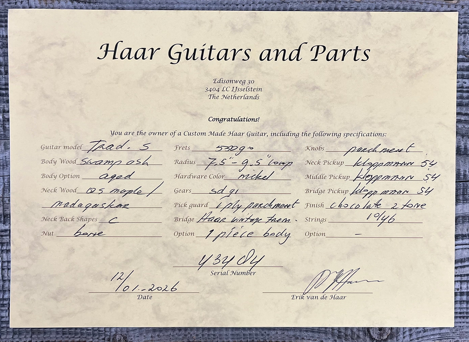 Haar Guitars Trad S 3s Klopppmann Trem Rw #43484 - Aged 2-tone Chocolate Sunburst - Guitare Électrique Forme Str - Variation 11