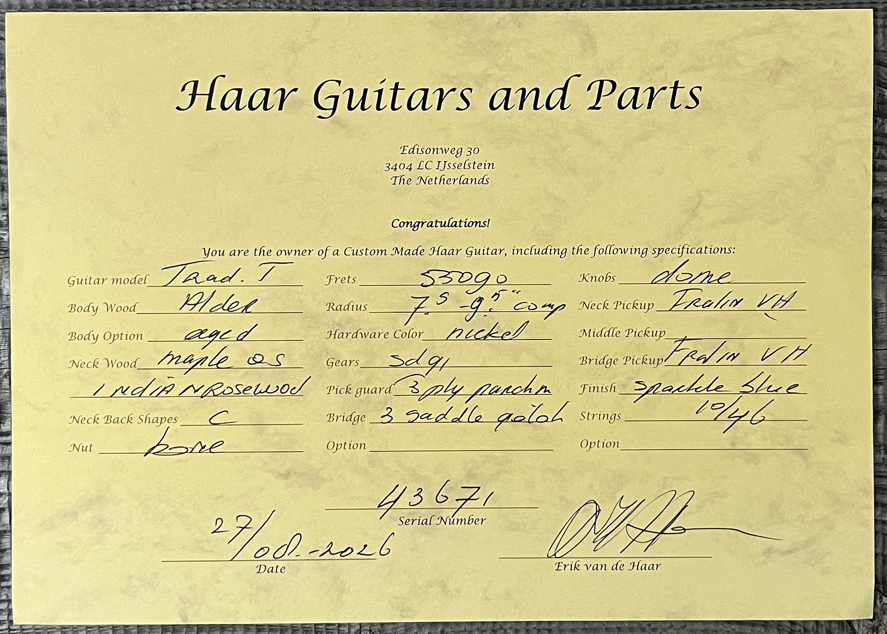 Haar Guitars Trad T 2s Lindy Fralin #43671 - Aged Sparkle Blue - Guitare Électrique Forme Tel - Variation 13