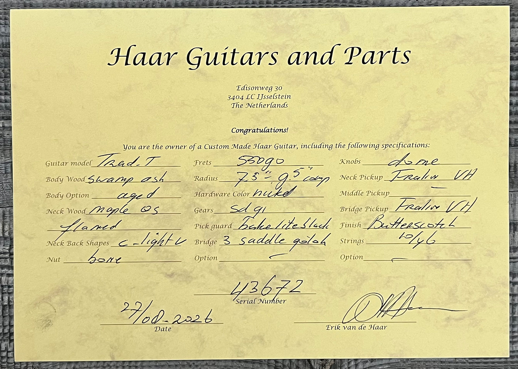 Haar Guitars Trad T 2s Lindy Fralin Mn #43672 - Aged Butterscotch - Guitare Électrique Forme Tel - Variation 14