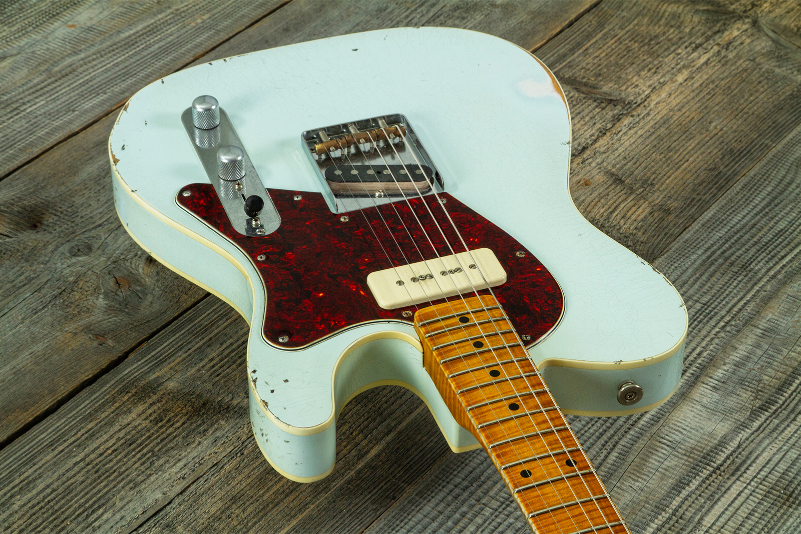Haar Guitars Trad T  2s Lindy Fralin P90 #43675 - Aged Faded Sonic Blue - Guitare Électrique Forme Tel - Variation 4