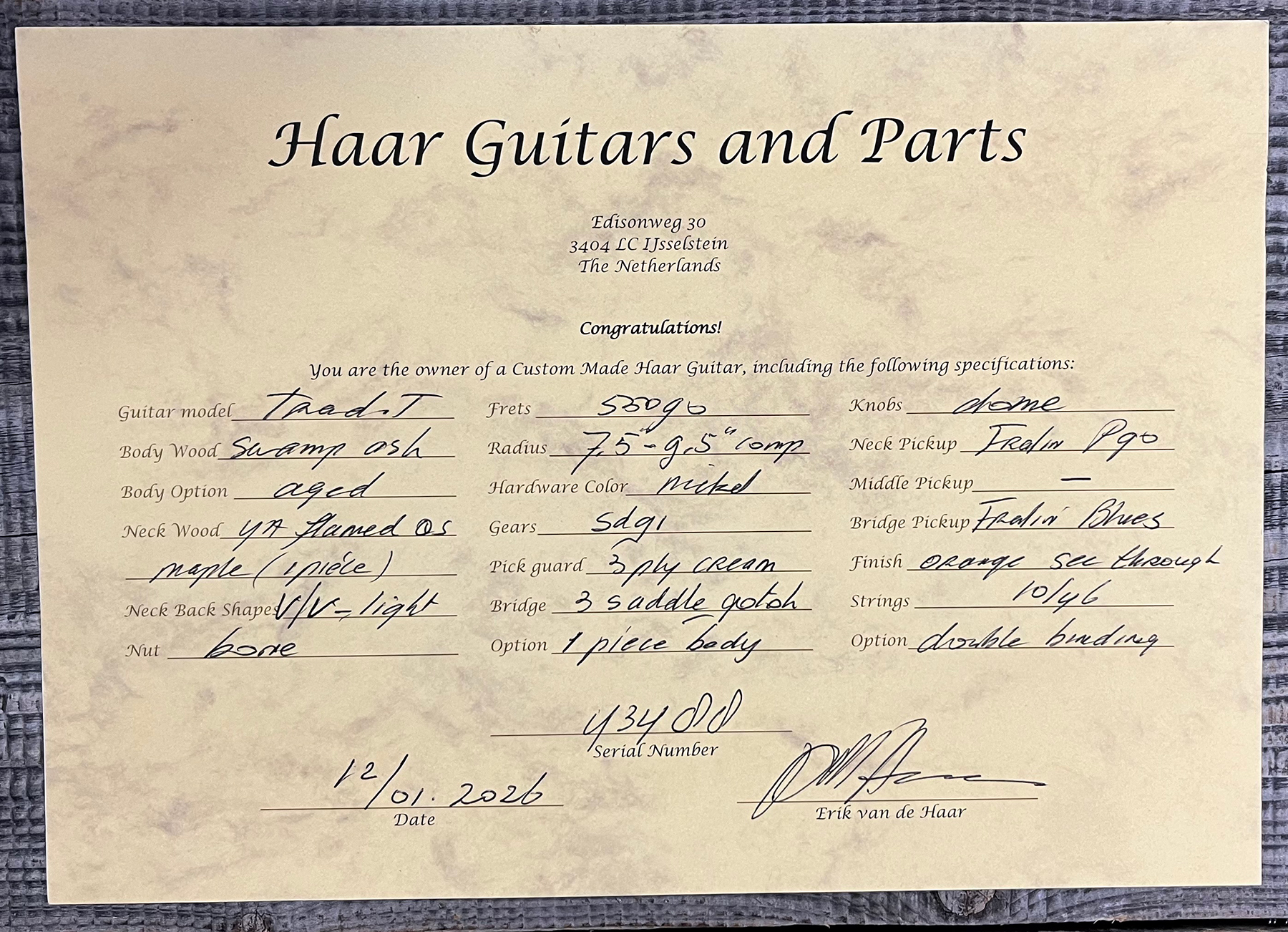 Haar Guitars Trad T Custom 2s P90 Lindy Fralin Mn Ht #43488 - Orange See Through - Guitare Électrique Forme Tel - Variation 15