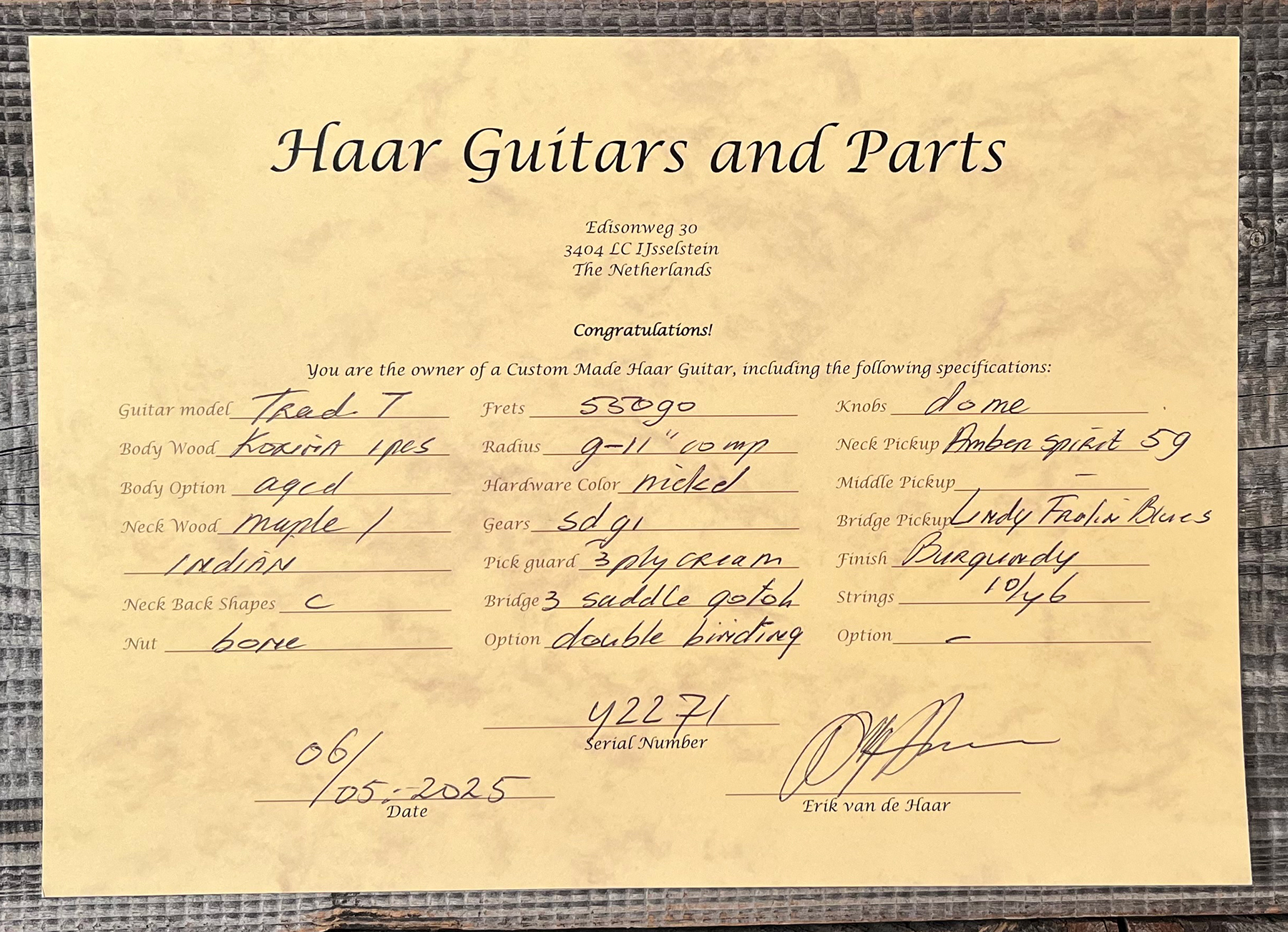 Haar Guitars Trad T Thinline 2s Lindy Fralin Ht Rw #42269 - Aged Orange Antique - Guitare Électrique Forme Tel - Variation 13