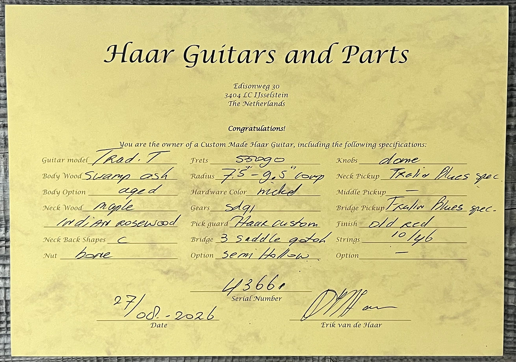 Haar Guitars Trad T Thinline 2s Lindy Fralin Rw #43661 - Aged Old Red - Guitare Électrique Forme Tel - Variation 14