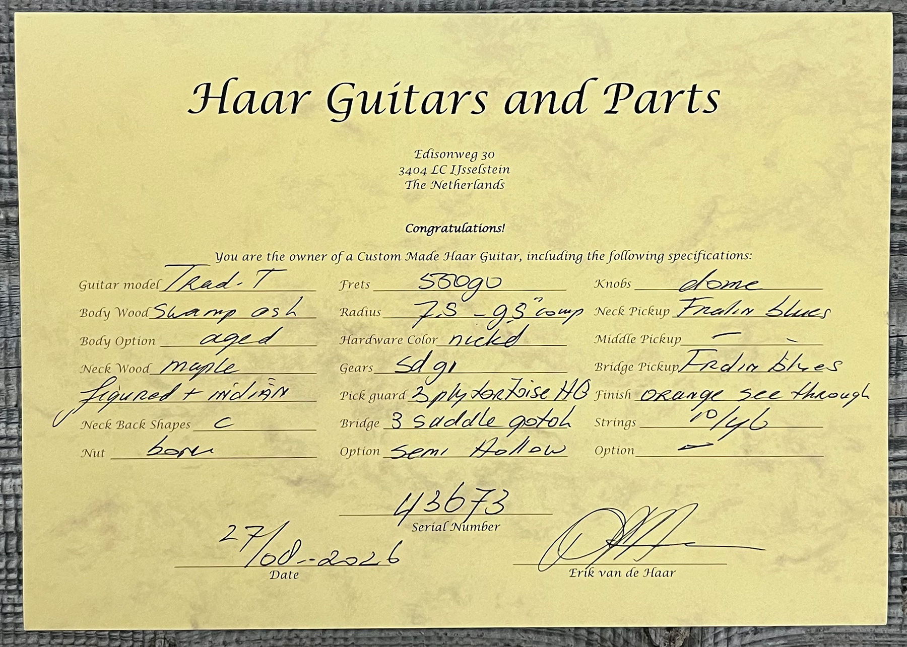 Haar Guitars Trad T Thinline 2s Lindy Fralin Rw #43673 - Aged Orange See Through - Guitare Électrique Forme Tel - Variation 14