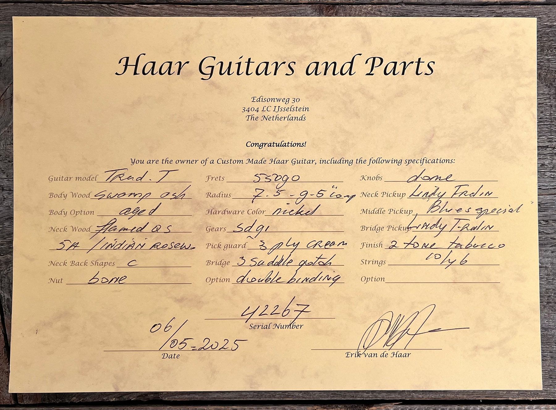 Haar Guitars Trad T Thinline Sh Tv Jones / Lindy Fralin Ht Mn #42270 - Aged Orange Antique - Guitare Électrique Forme Tel - Variation 12