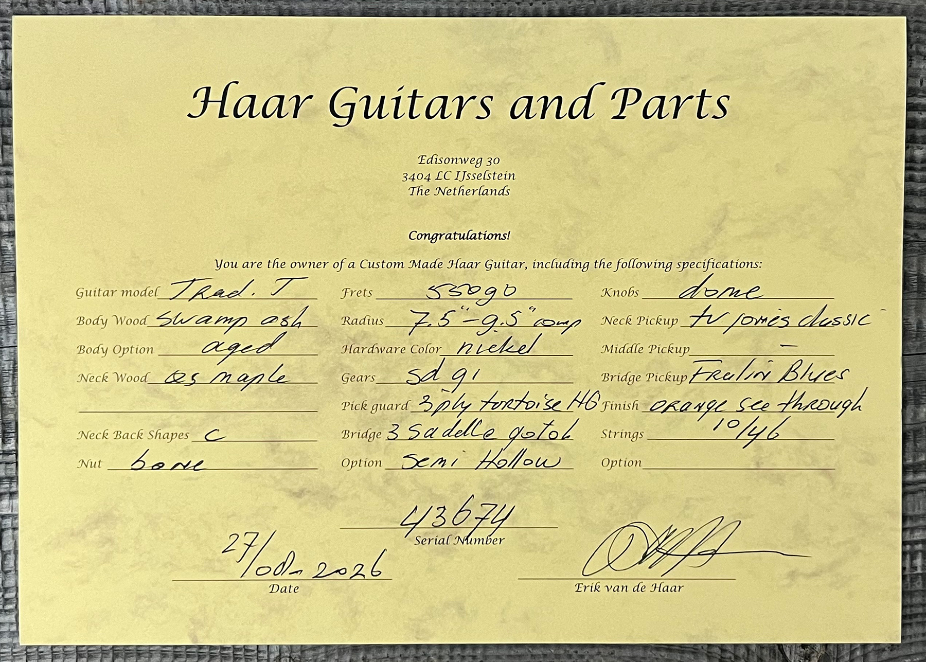 Haar Guitars Trad T Thinline Sh Tv Jones / Lindy Fralin Mn #43674 - Aged Orange See Through - Guitare Électrique Forme Tel - Variation 13