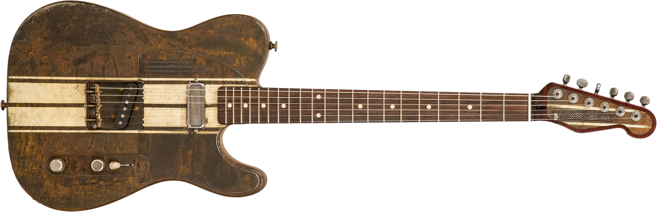 James Trussart Steelcaster Deluxe Perf. Back 2s Pf #20033 - Rust O Matic Cream Racing Stripes - Guitare Électrique Forme Tel - Main picture