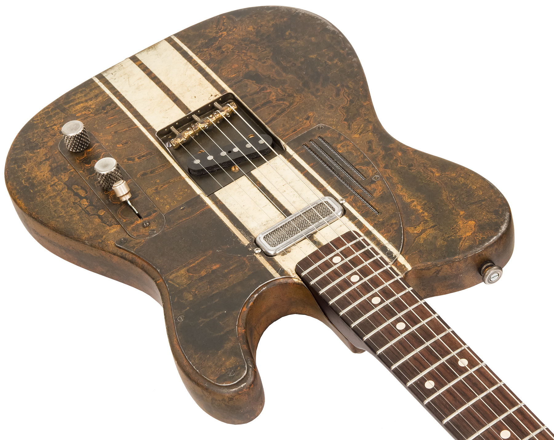 James Trussart Steelcaster Deluxe Perf. Back 2s Pf #20033 - Rust O Matic Cream Racing Stripes - Guitare Électrique Forme Tel - Variation 2