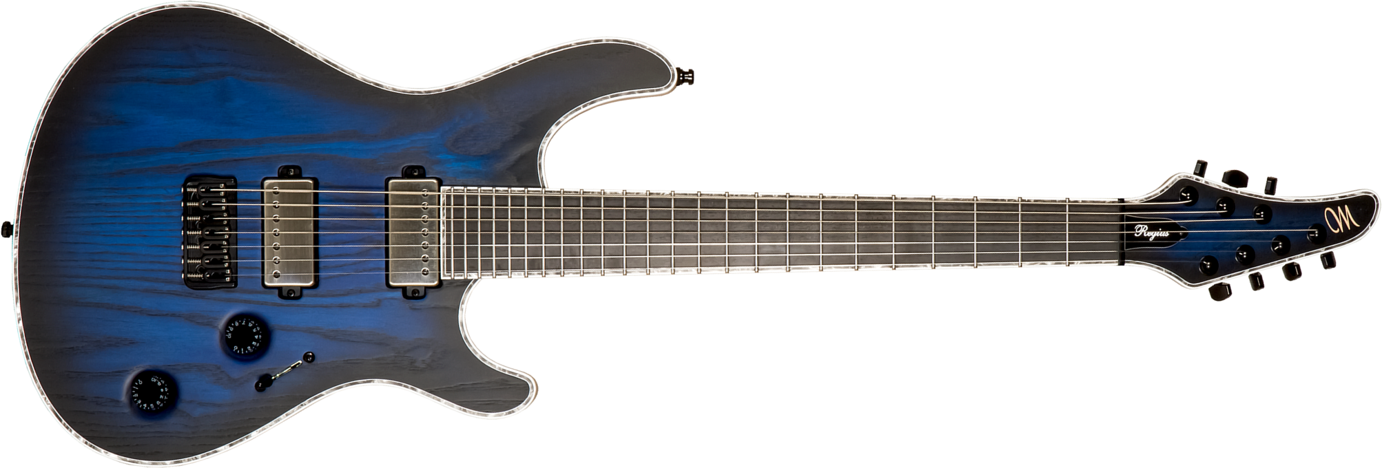 Mayones Guitars Regius Gothic Ash 7c 2h Bkp Ht Eb #rf2311786 - Trans Dirty Blue Burst / Natural Matt - Guitare Électrique 7 Cordes - Main picture