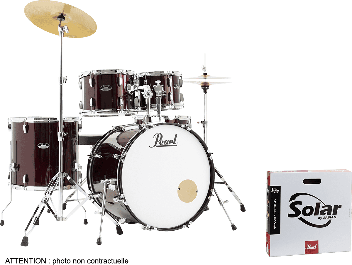 Pearl Rock 22 5 Futs + Pack Sabian Solar - Red Wine - Batterie Acoustique Rock - Main picture